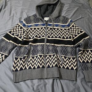 Lucky Brand Sierra Knit Hoodie Sweater Mens XL Sherpa Lined Hood Aztec Geometric